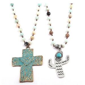 Rustic Spiritual Jewelry Amazonite Beaded Rosary Style & Silver Cactus Pendant